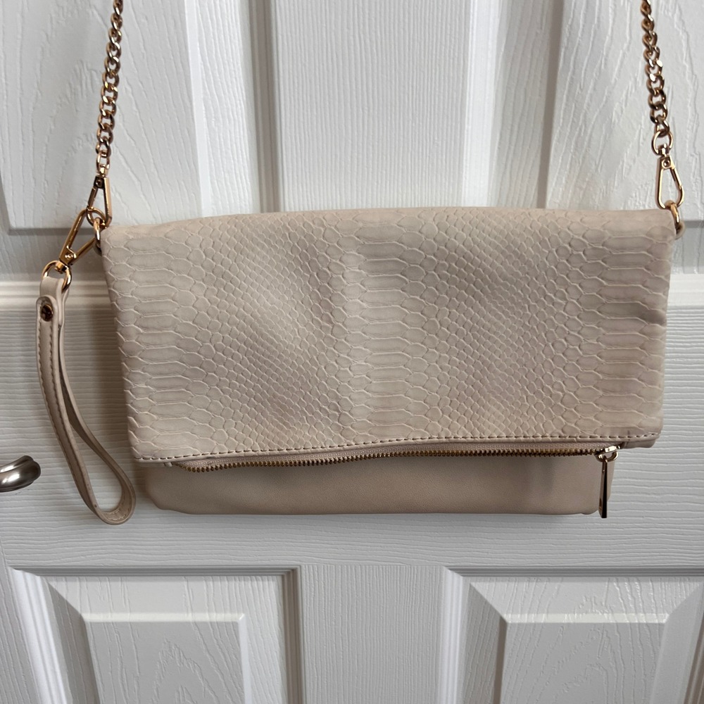 Kaari Blue Snakeskin Convertible Crossbody Clutch Bag Cream Gold Chain‎ Purse